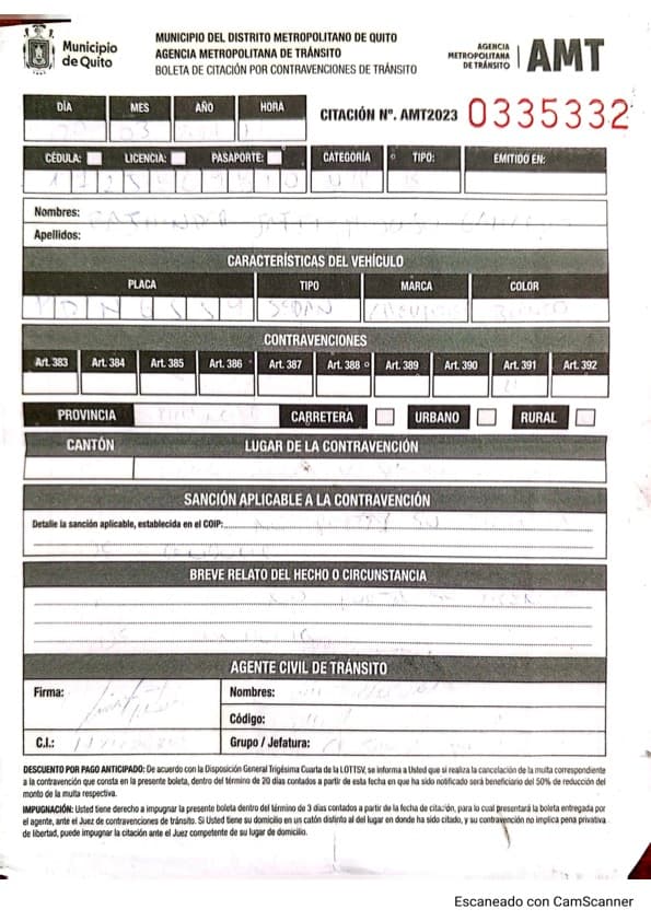 Boleta de tránsito AMT digitalizada y analizada por Semáforo